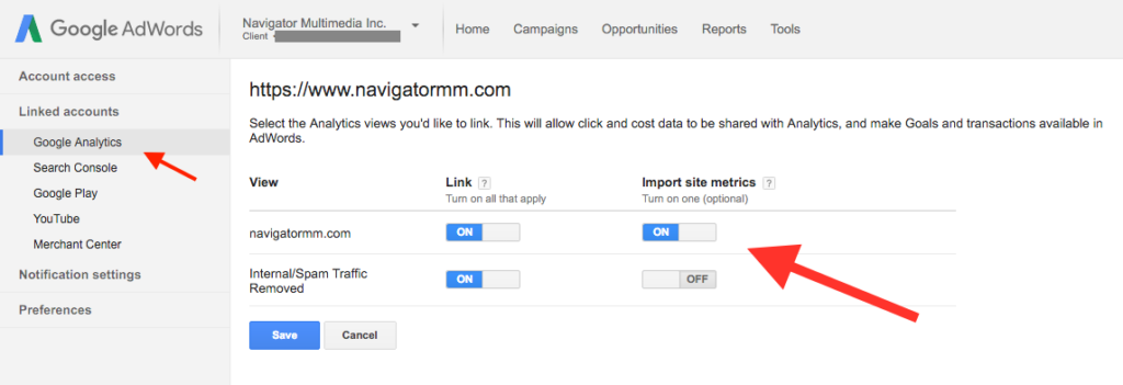 Adwords and Analytics linking