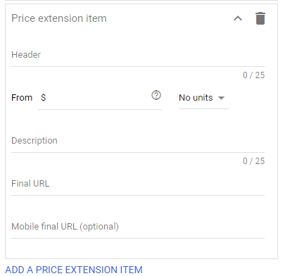 adwords price extension directions