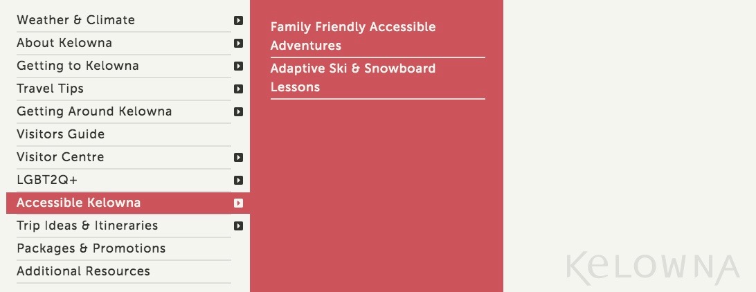 Photo of accessibility webpage selected from the menu on Tourism Kelowna Website.