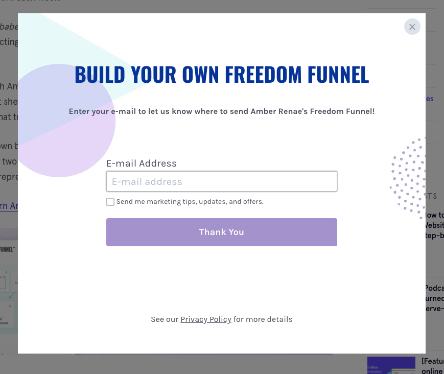 pop up asking user to fill in email address to receive freedom funnel