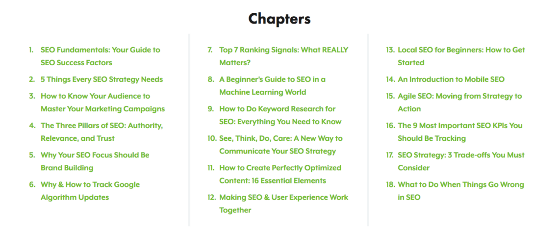 list of SEO guide chapters