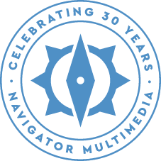 The Navigator Multimedia Celebrating 30 Years badge in blue with a graphic icon of a compass in the centre, a kelowna web design and digital marketing agency in Kelowna.