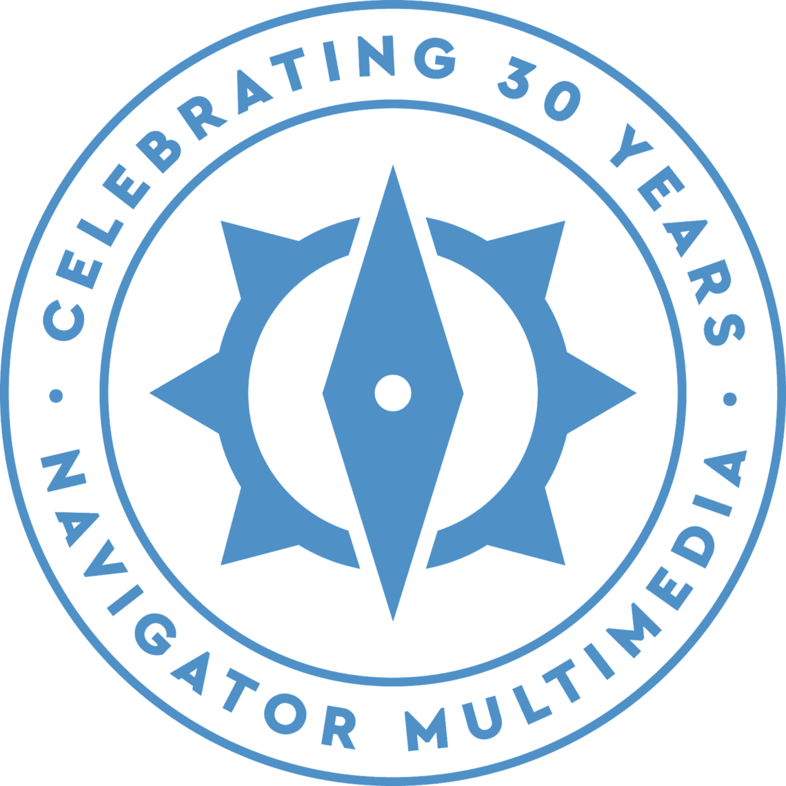 The Navigator Multimedia Celebrating 30 Years compass badge in light blue.