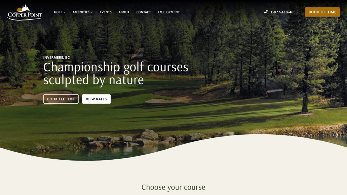 A screenshot of the Copper Point Golf website homepage with a beautiful photo of a golf course on a sunny day, built by the Kelowna web design and Kelowna Marketing Agency called Navigator Multimedia.