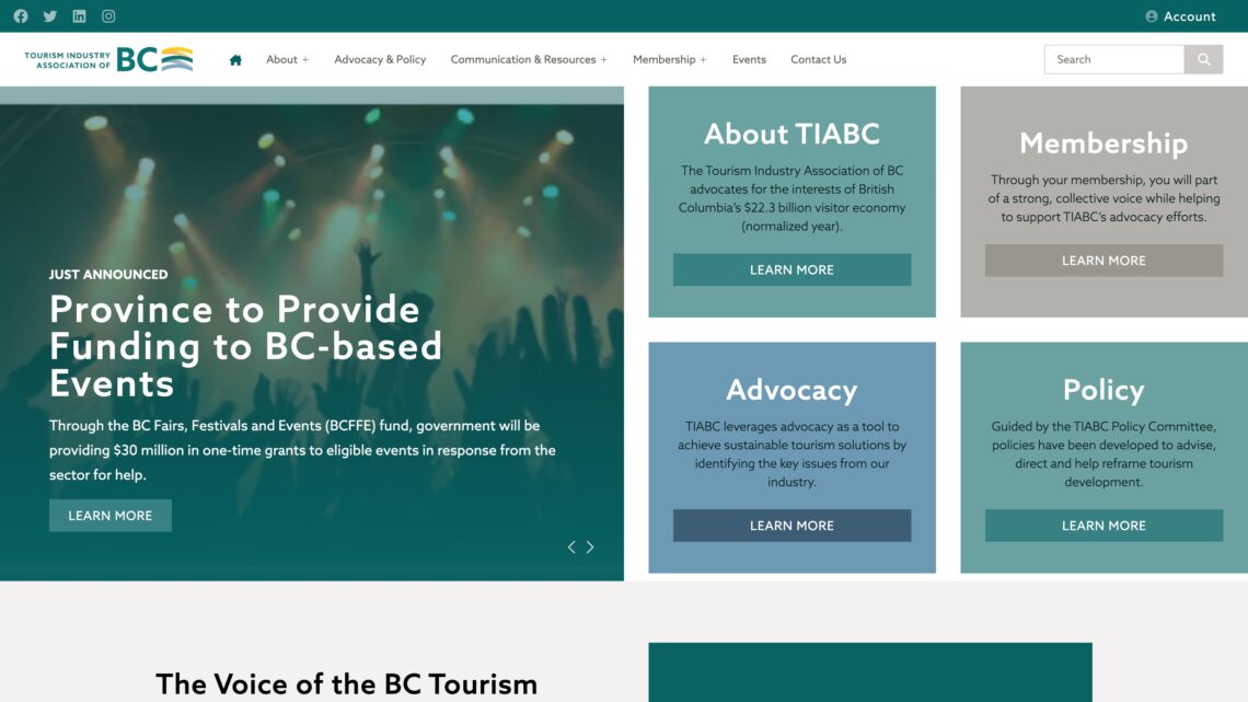 A screenshot of the Tourism Industry Association of BC, or TIABC, website homepage with blue, teal and grey graphics and blocks, built by the Kelowna web design company and Kelowna Marketing Agency called Navigator Multimedia.