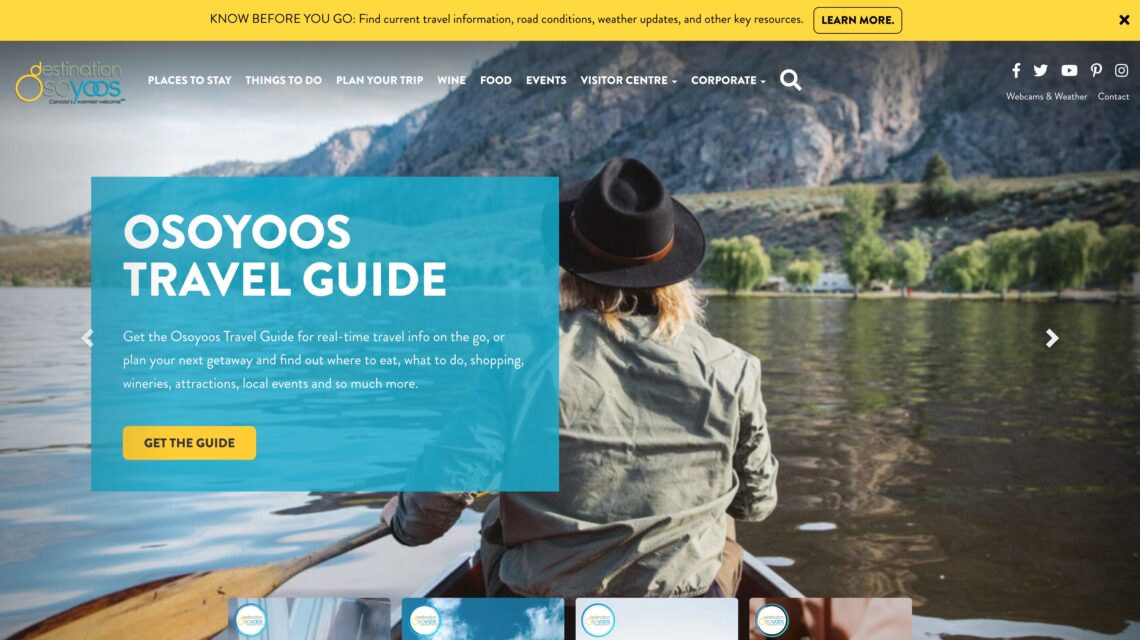 A screenshot of the Destination Osoyoos website homepage with a beautiful photo of a person canoeing on a lake on a sunny day, built by the Kelowna web design, social media management, social media marketing, and Kelowna Digital Marketing Agency called Navigator Multimedia.