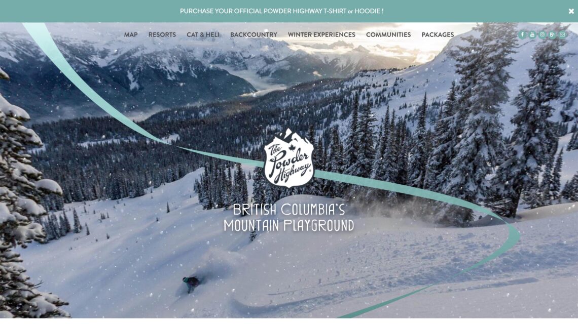 A screenshot of the Powder Highway website homepage with a beautiful photo of a ski slope covered in powdery snow, built by the Kelowna web design and Kelowna Marketing Agency called Navigator Multimedia.